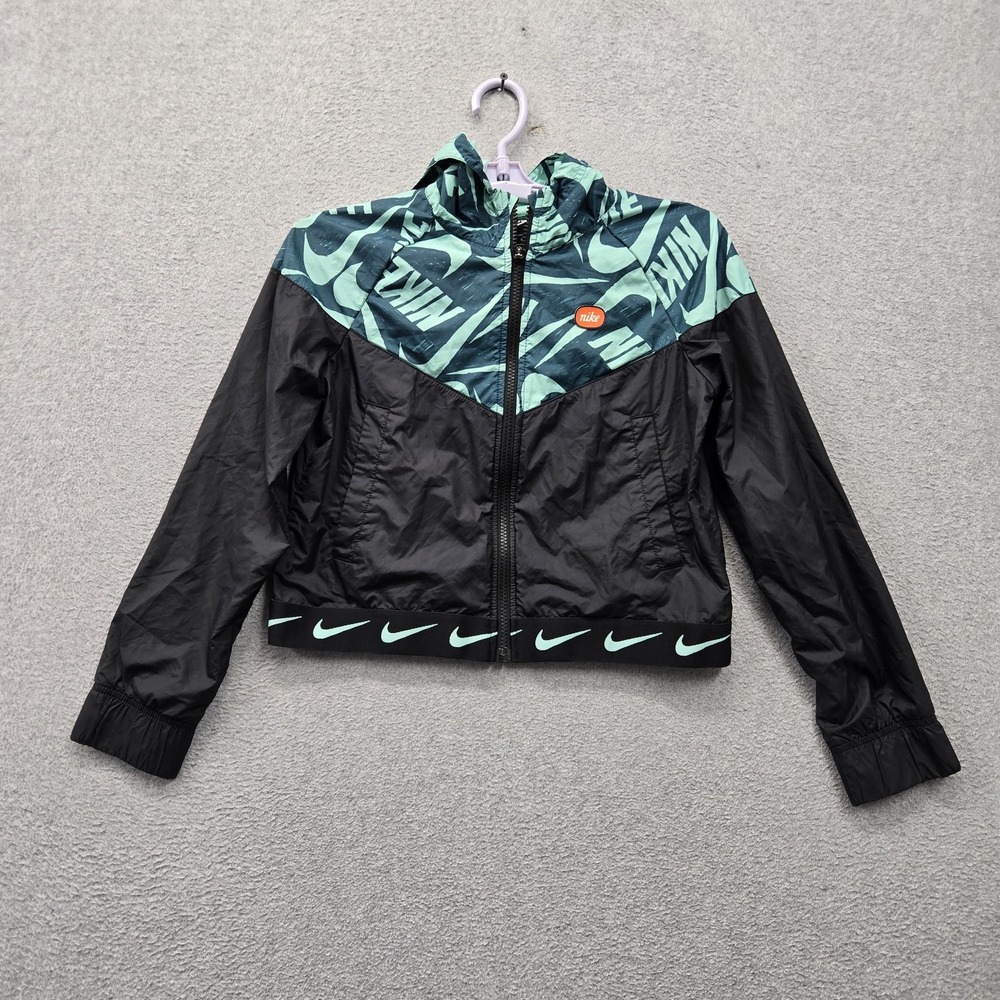 Nike Girl Jacket L Black Windrunner Swoosh Activewear Zipper Hooded Lightweight